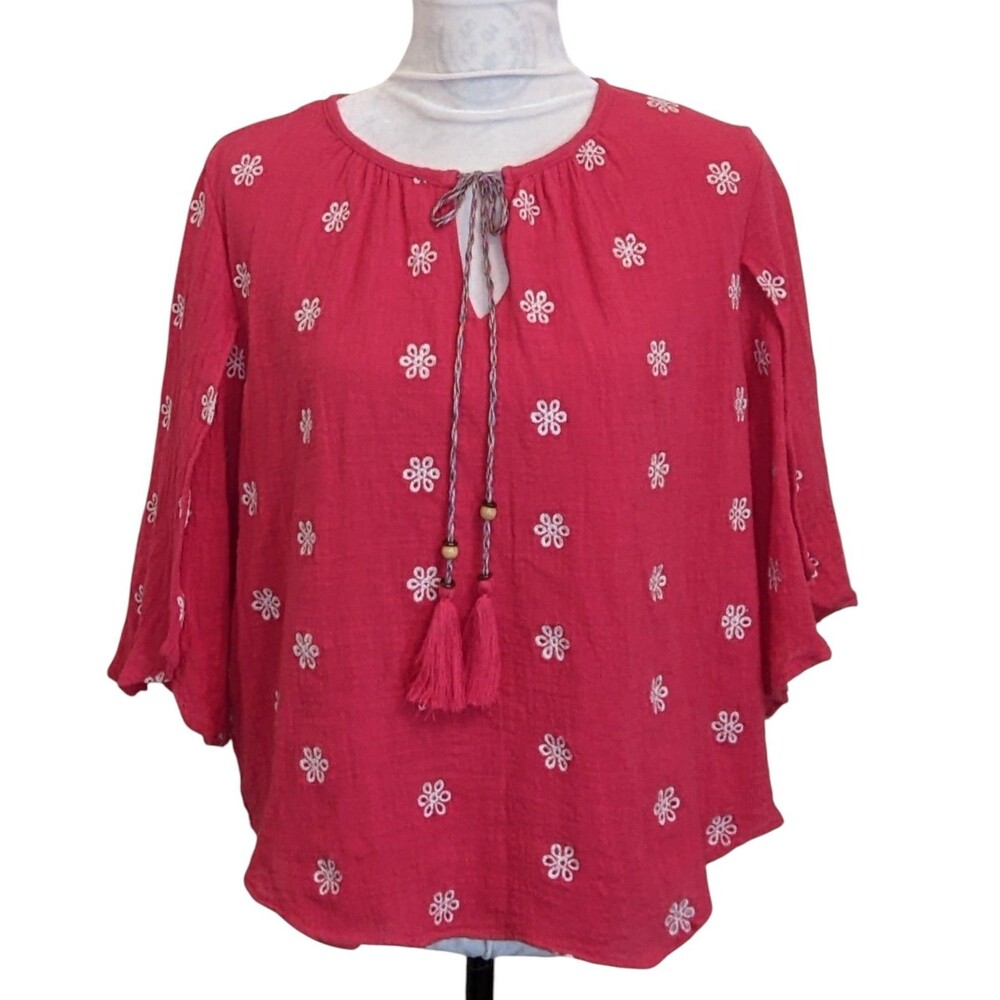 CUPIO Boho Cottagecore Cotton Gauze Peasant Top Lined Floral XL